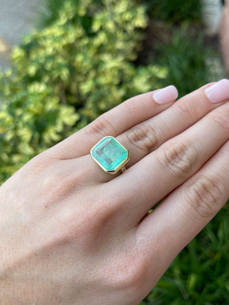 8.04tcw 18K Gold Spring Large Light Green Brilliant Round Cut Emerald Diamond Shank Accent Ring - JR Colombian Emeralds