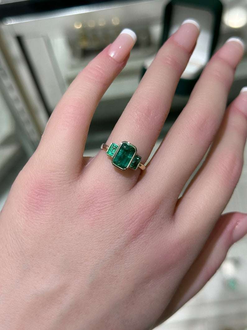 2.30tcw Natural Emerald Cut Trilogy Lush Dark Green 3 Stone Gold Ring 