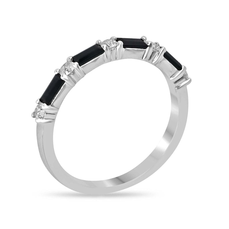 14K White Gold Band Ring Featuring Natural Deep Blue Sapphire & Diamonds