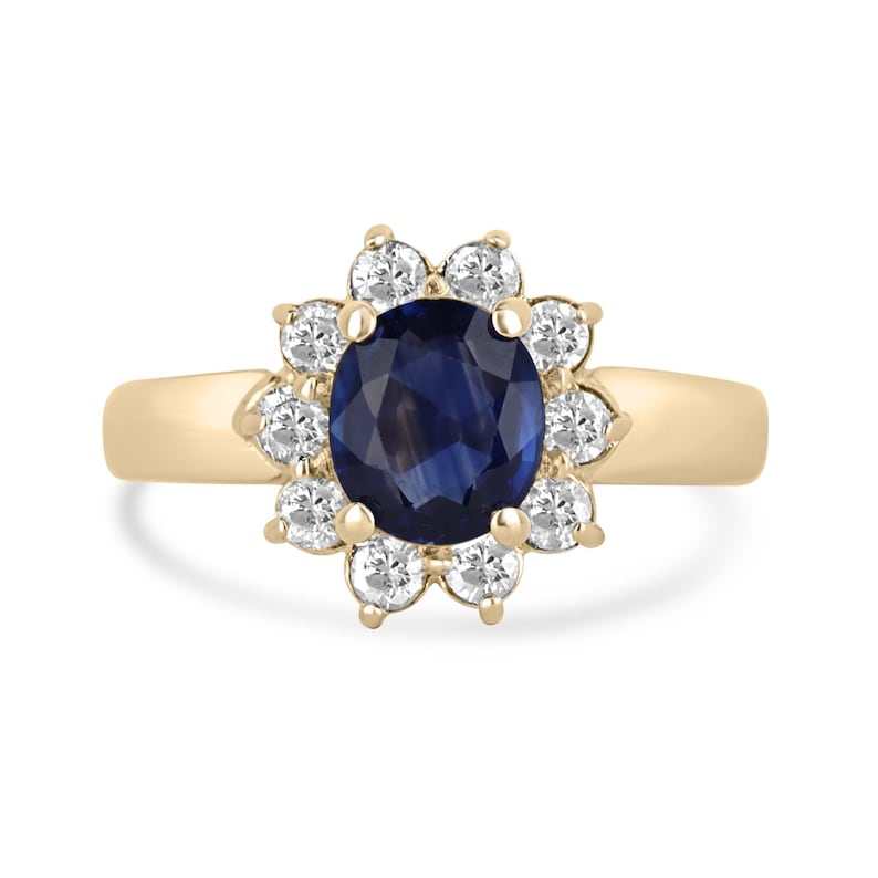 1.36tcw 14K yellow gold engagement ring with natural oval blue sapphire and diamond halo