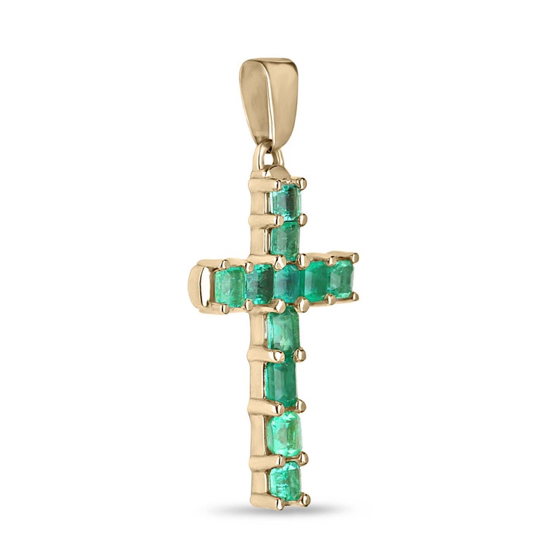 Unisex Cross Pendant in Gold with 11 Medium Dark Green Asscher Cut Emeralds Totaling 5.0 Carats