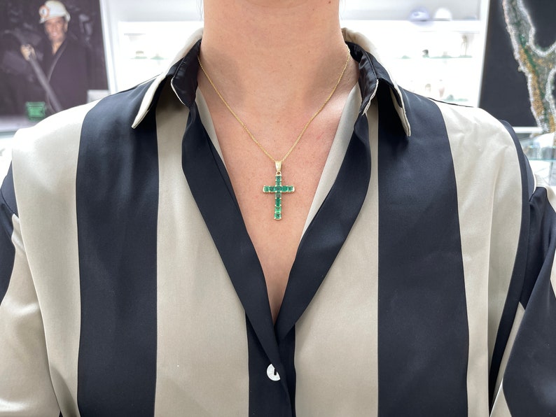 5.0tcw 14K Medium Dark Green Emerald Cut Asscher 11 Stone Unisex Cross Pendant in Gold - JR Colombian Emeralds