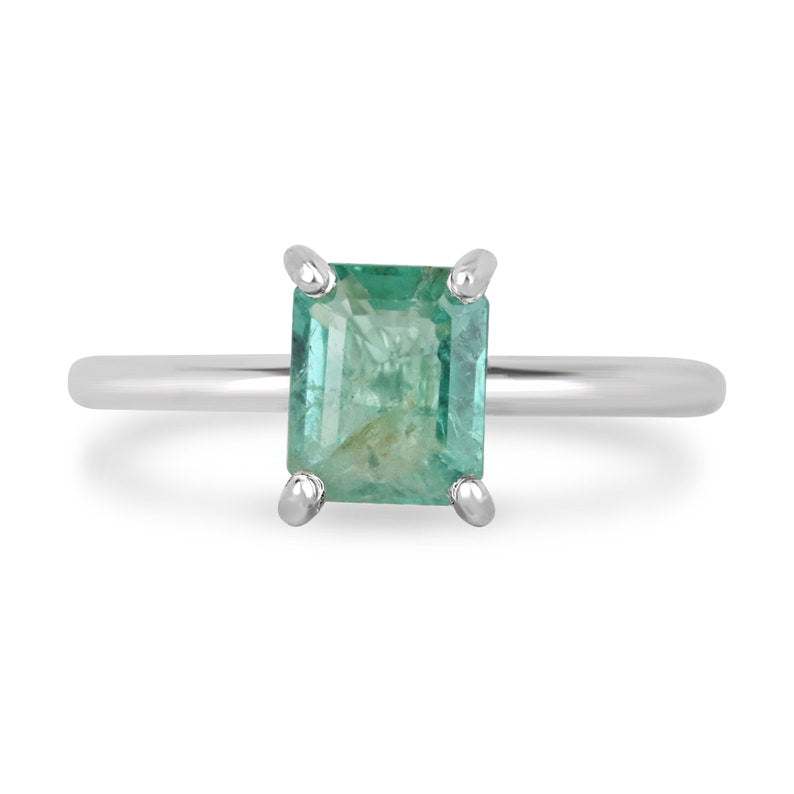1.45ct emerald ring in sterling silver with emerald-cut solitaire design.