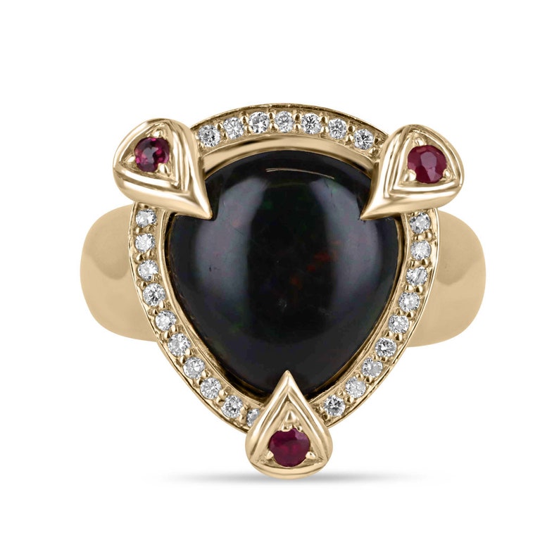 0.24-Carat Natural Opal, Ruby, and Diamond Ring in 18K Gold with Dark Pear Cut Design