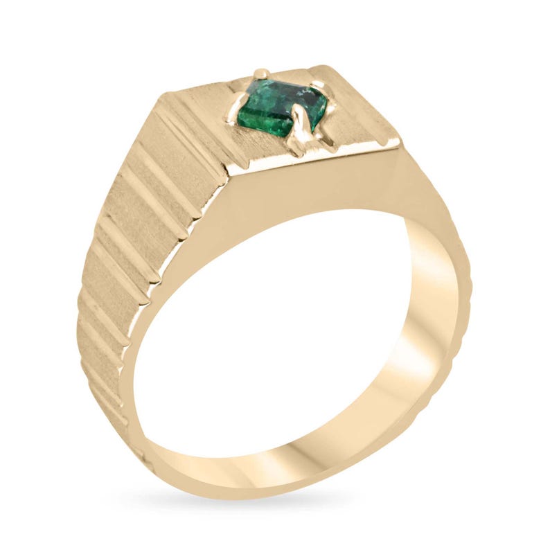 Men's 14K emerald cut pinky ring with 0.60ct rich green Colombian emerald solitaire, showcasing elegant men's jewelry.
