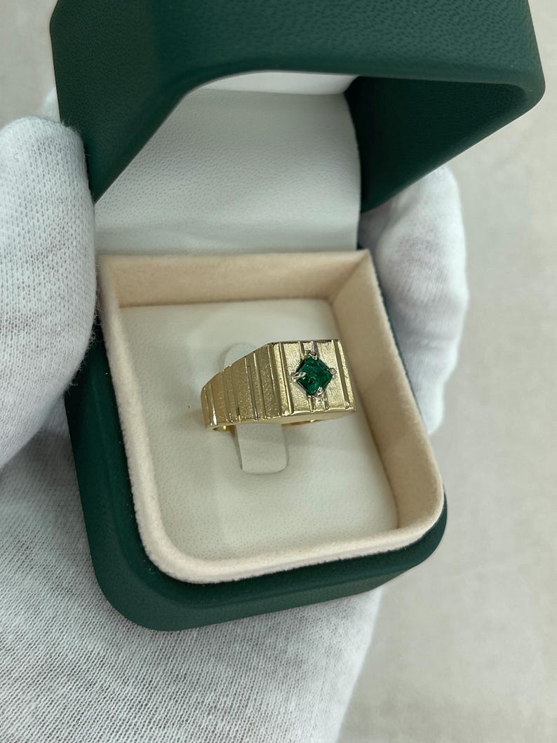 14K gold men's pinky ring with 0.60ct emerald cut green gemstone, Colombian Emerald brand, classic solitaire design