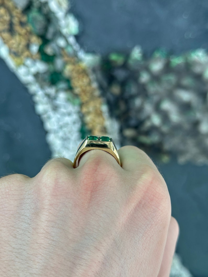 14K gold men's unisex ring with double emerald duo bezel setting, featuring 2.03 carats of vibrant Colombian emeralds.
