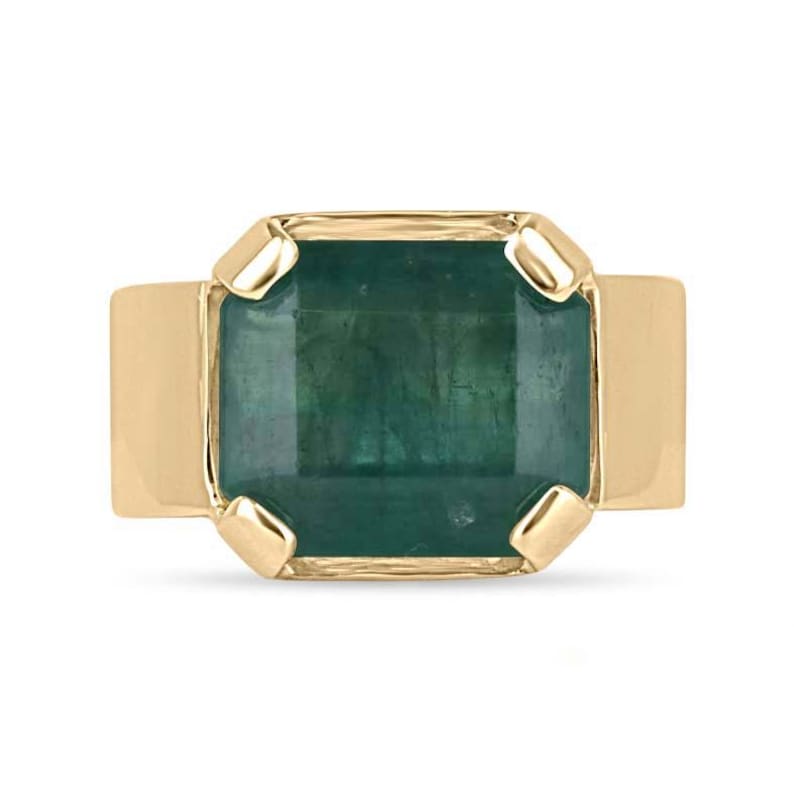 Colombian Emerald men's wide band solitaire ring with 10.04ct emerald cut pink gemstone in 14K gold, unisex pinky ring style