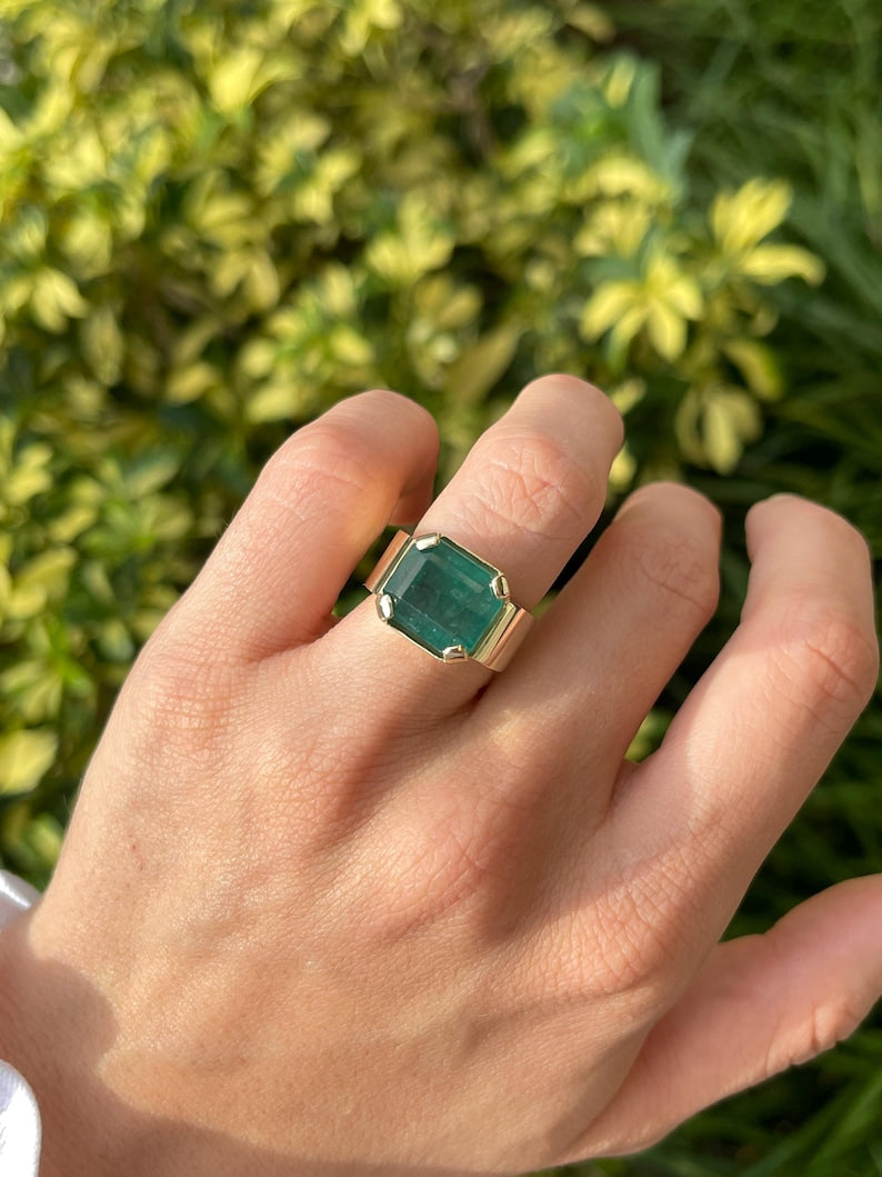 Men's 10.04ct emerald cut pinky ring in 14K gold with a wide band, Colombian Emerald men's solitaire ring, unisex design.