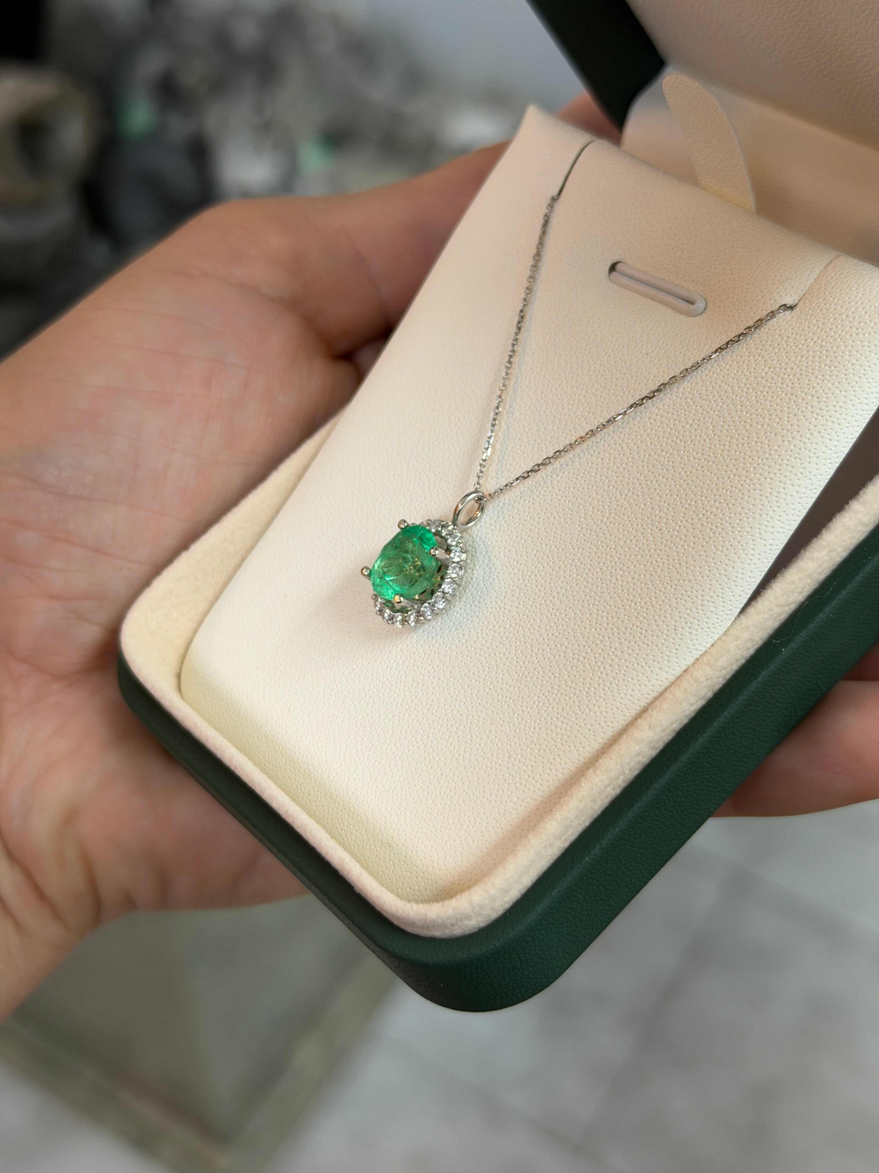 3.25tcw 14K Vivacious Spring Green Emerald-Oval Cut & Diamond Halo Gold Pendant Necklace - JR Colombian Emeralds