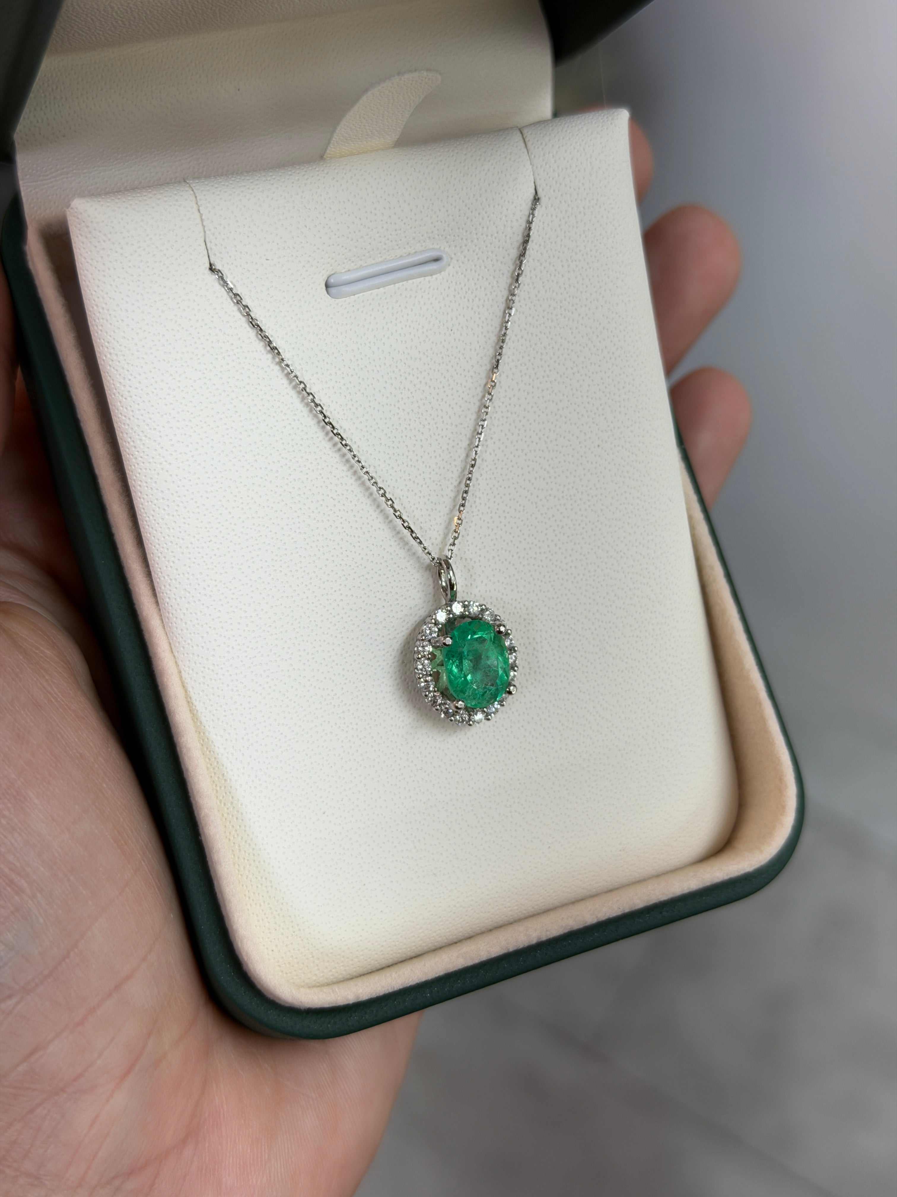 3.25tcw 14K Vivacious Spring Green Emerald-Oval Cut & Diamond Halo Gold Pendant Necklace - JR Colombian Emeralds