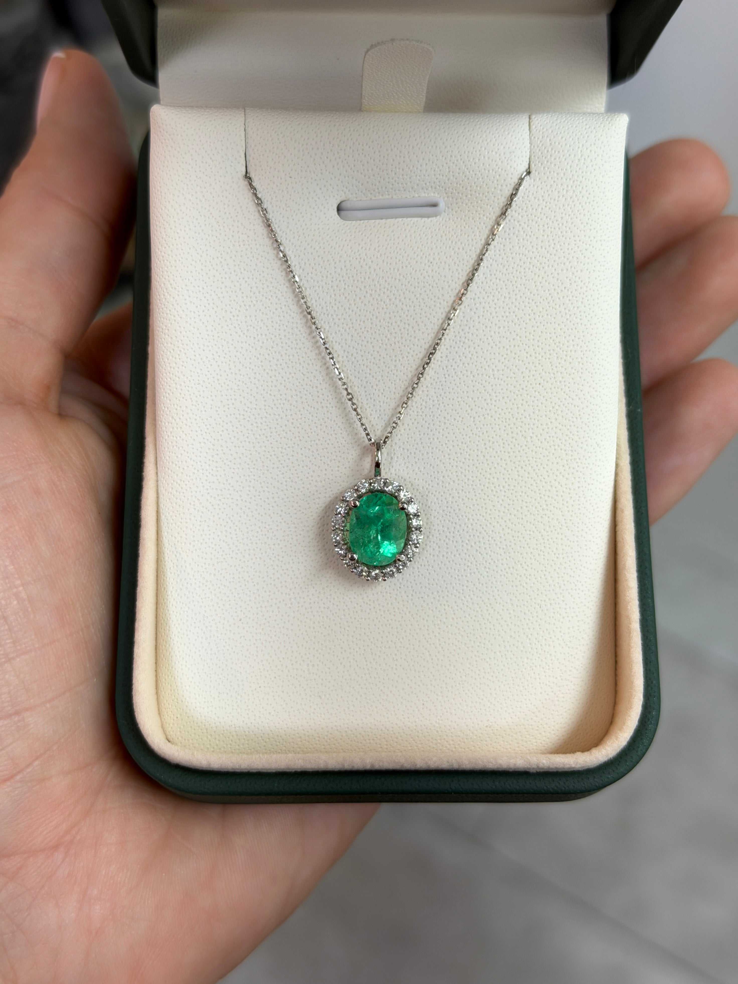 3.25tcw 14K Vivacious Spring Green Emerald-Oval Cut & Diamond Halo Gold Pendant Necklace - JR Colombian Emeralds