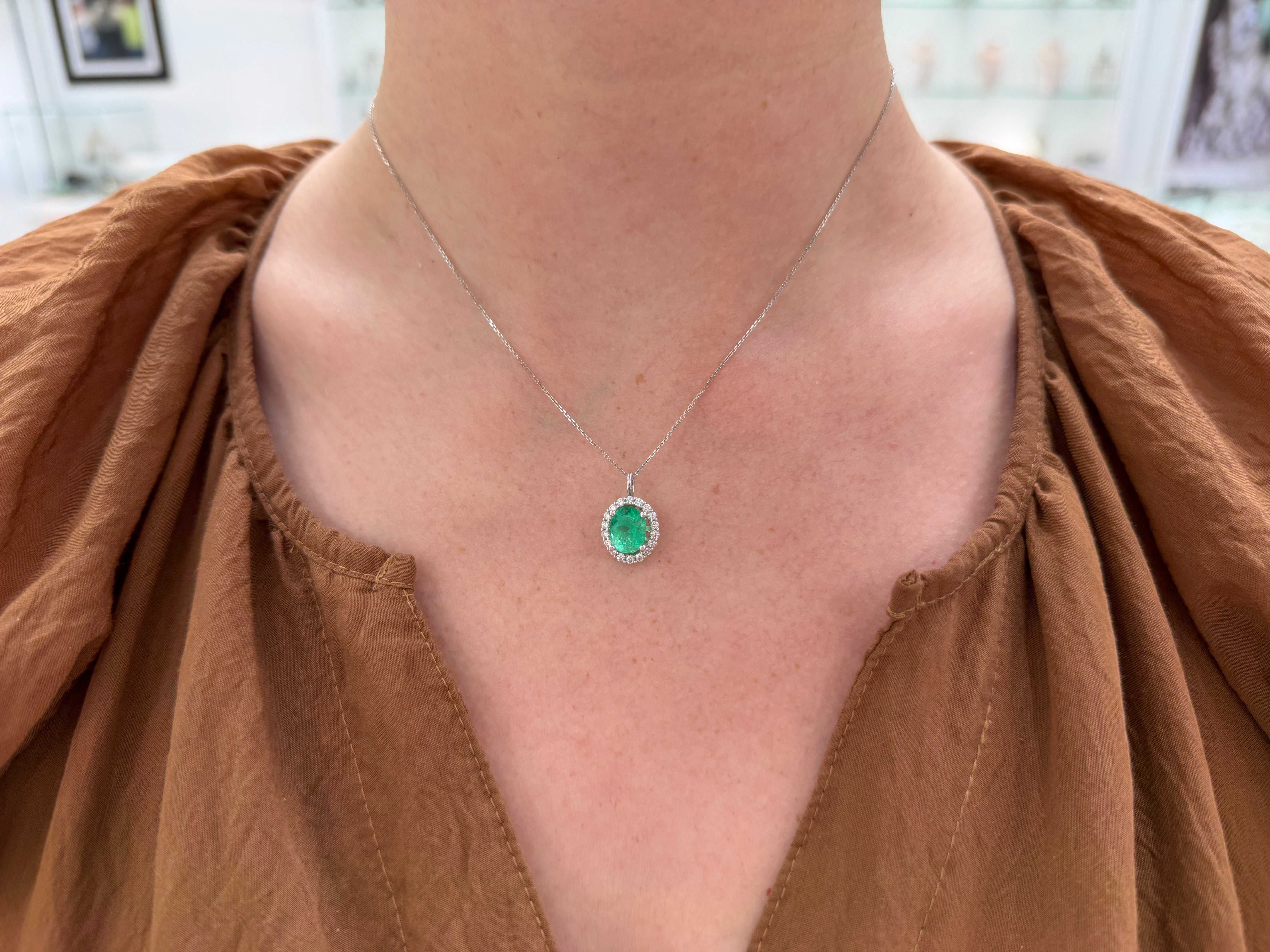 3.25tcw 14K Vivacious Spring Green Emerald-Oval Cut & Diamond Halo Gold Pendant Necklace - JR Colombian Emeralds