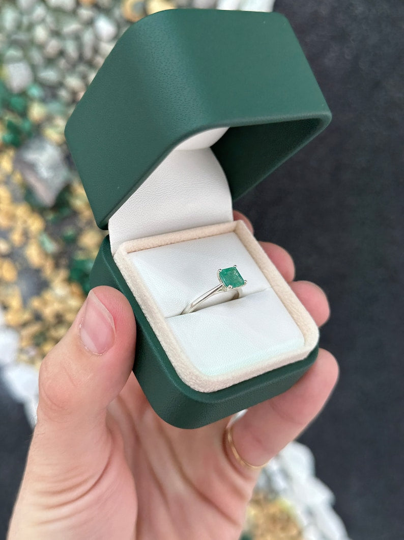 1.30ct Natural Spring Green Asscher Cut Emerald Solitaire Sterling Silver Woman's Ring - JR Colombian Emeralds