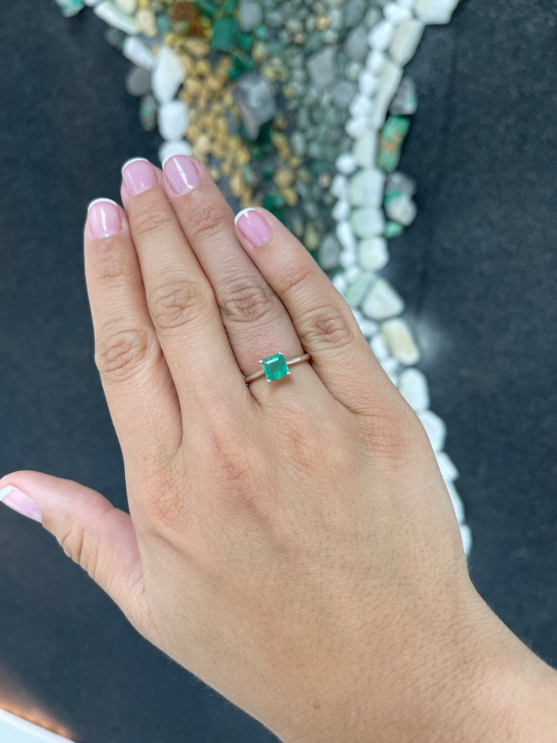 1.30ct Natural Spring Green Asscher Cut Emerald Solitaire Sterling Silver Woman's Ring - JR Colombian Emeralds