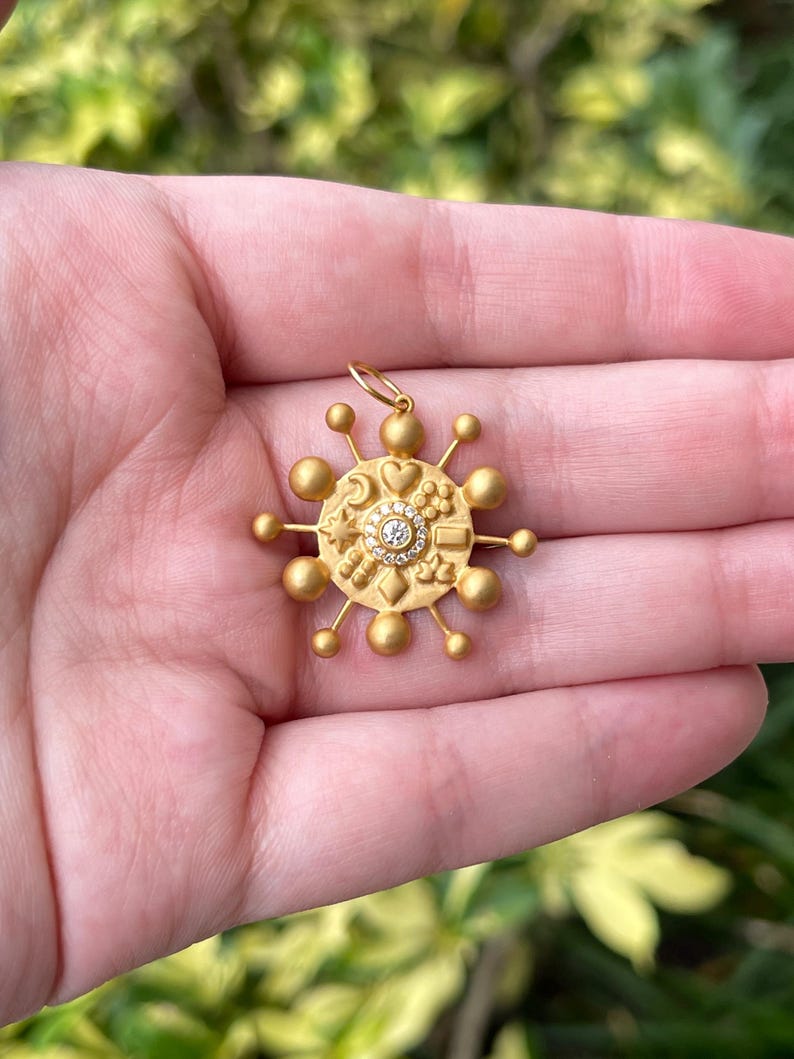 14K gold celestial pendant with 0.15tcw natural diamonds from Colombian Emerald, featuring a detailed star design for elegant jewelry.