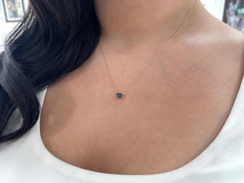 0.65ct 14K Gold Dainty Emerald Cut Natural Blue Sapphire Solitaire Necklace - JR Colombian Emeralds