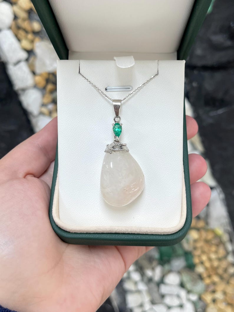 Lush green necklace featuring a 0.78ct pear cut emerald and quartz baroque pendant from Colombian Emerald, elegant jewelry piece