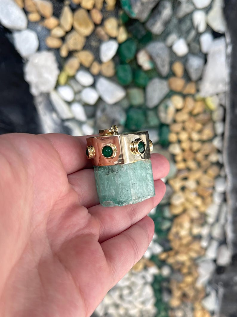 161.23tcw 14K Massive Natural Rough Cut Terminated Crystal Hexagon Emerald Pendant - JR Colombian Emeralds