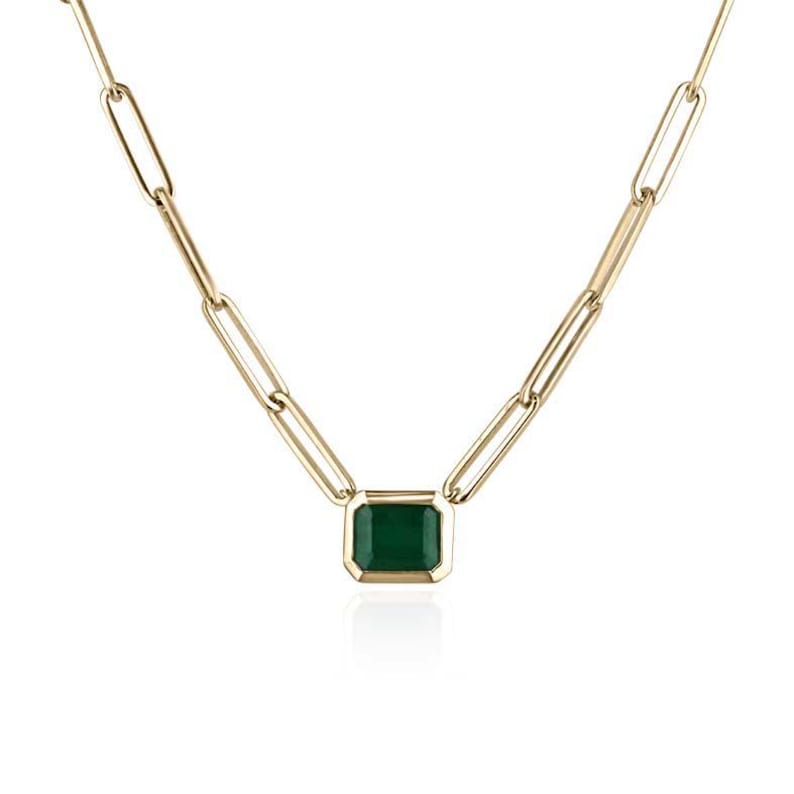 Natural dark green emerald paperclip stacking necklace with 2.58 carats, Colombian Emerald brand, 14K gold pendant jewelry.