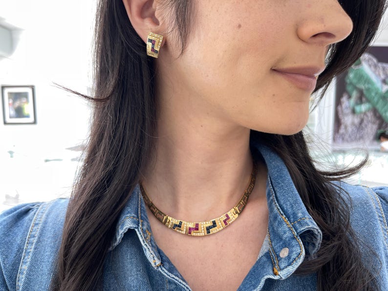 3.70tcw Natural Sapphire, Ruby, and Diamond 18K Gold Collar Necklace