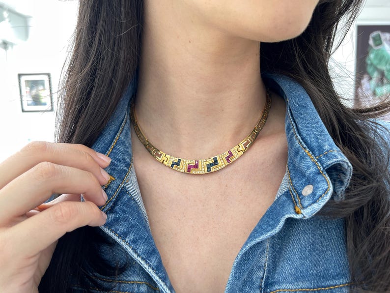 3.70tcw 18K Natural Sapphire & Ruby Diamond Choker Necklace Gold 750 Collar - JR Colombian Emeralds