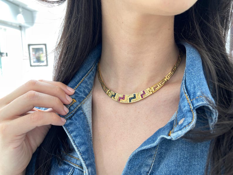 3.70tcw 18K Natural Sapphire & Ruby Diamond Choker Necklace Gold 750 Collar - JR Colombian Emeralds