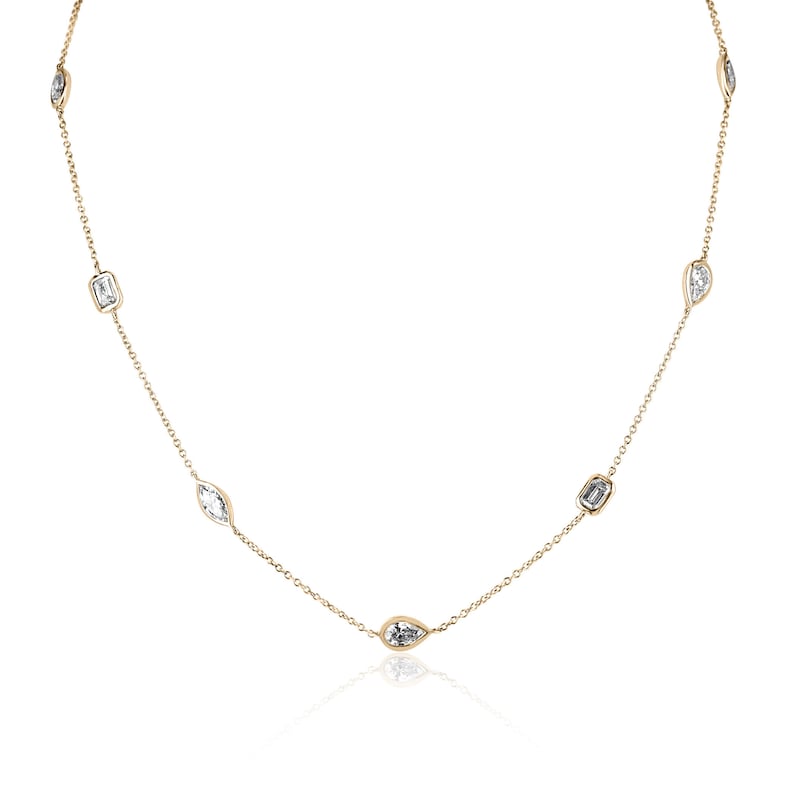 14K yellow gold Diamond By-the-Yard Necklace with oval, pear, marquise, and emerald cut lab-grown diamonds totaling 4.39 carats, bezel set on 18-inch cable chain