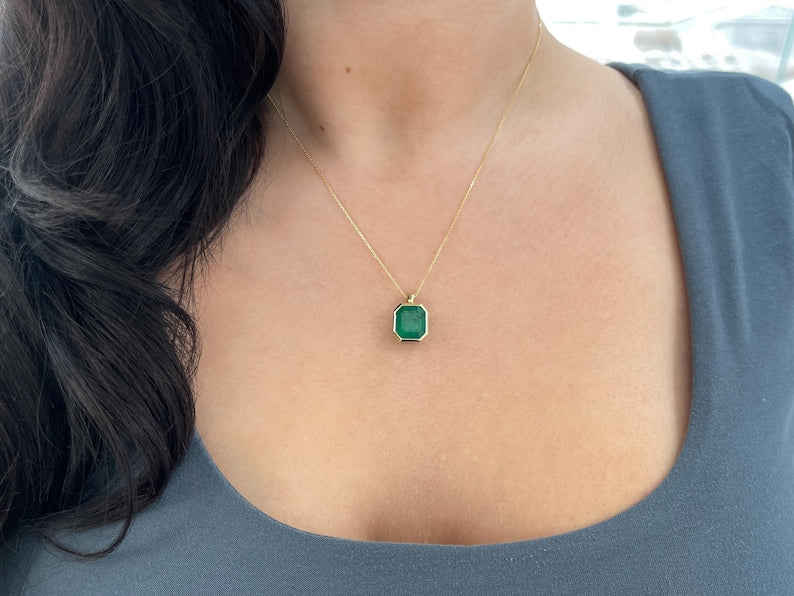 6.40ct 14K Rich Green Emerald Cut Emerald Solitaire Slider Bezek Pendant - JR Colombian Emeralds