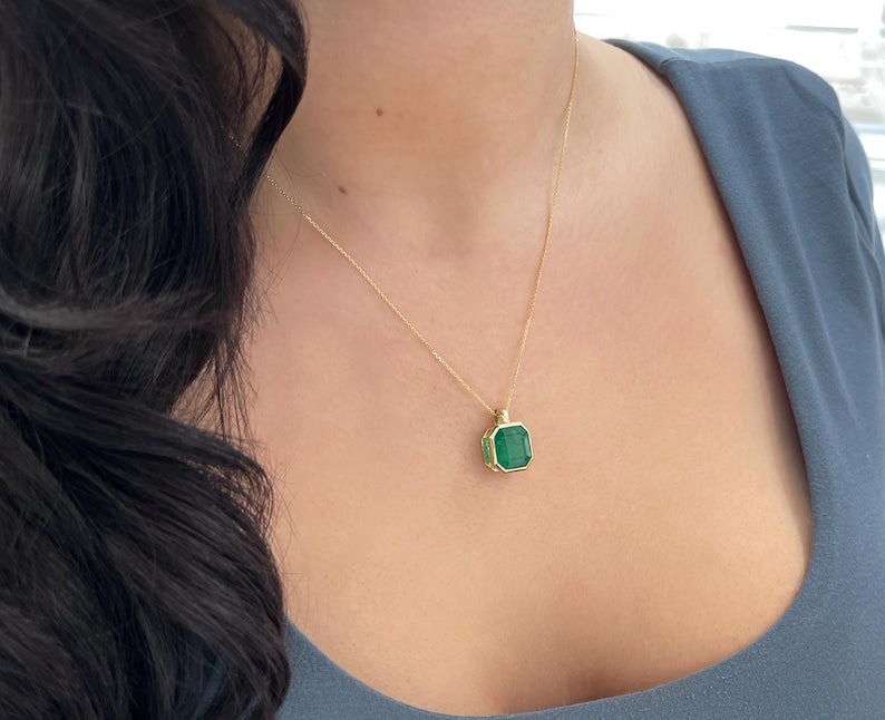 6.40ct 14K Rich Green Emerald Cut Emerald Solitaire Slider Bezek Pendant - JR Colombian Emeralds