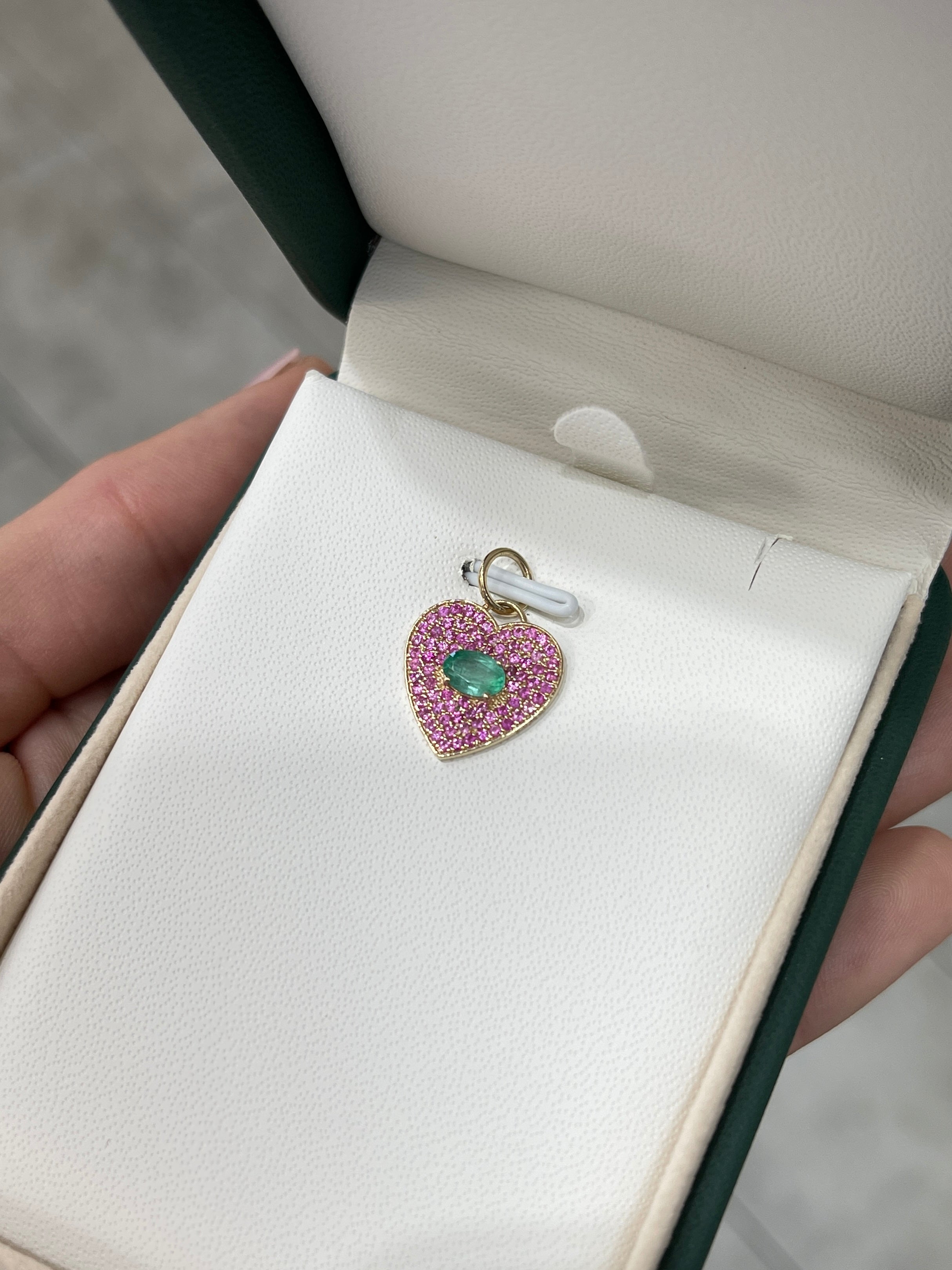 Carolina B. 1.0tcw 14K Emerald & Pink Sapphire Heart Cluster Pendant Charm - JR Colombian Emeralds