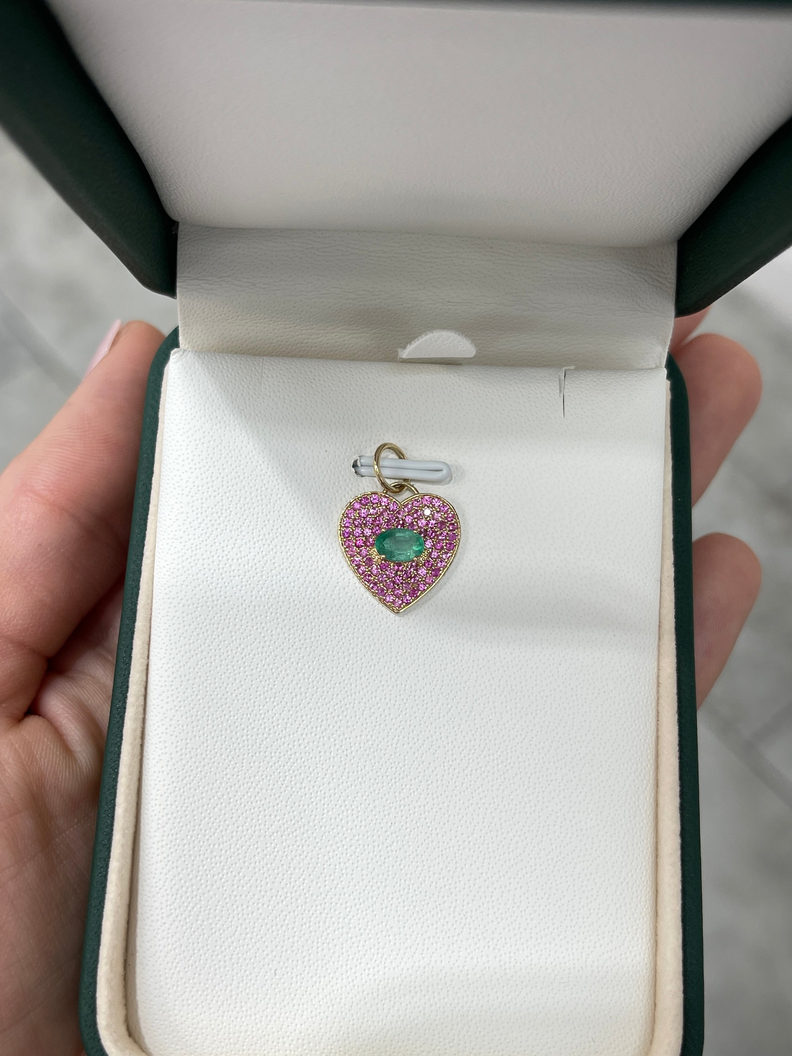 Carolina B. 1.0tcw 14K Emerald & Pink Sapphire Heart Cluster Pendant Charm - JR Colombian Emeralds