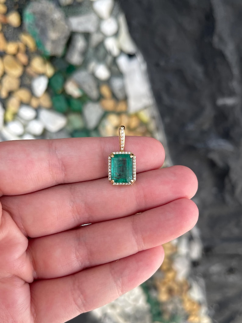 1.90tcw 14K Natural Emerald & Diamond Lush Green Pendant Necklace - JR Colombian Emeralds