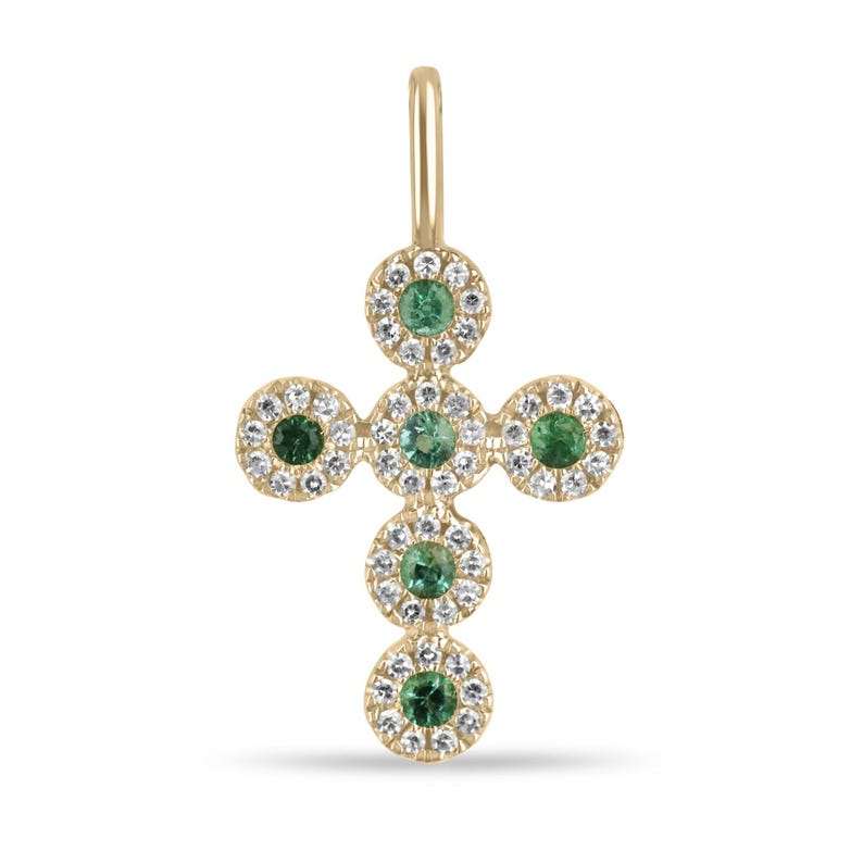14K gold cross pendant with natural round emeralds and diamond halo accents
