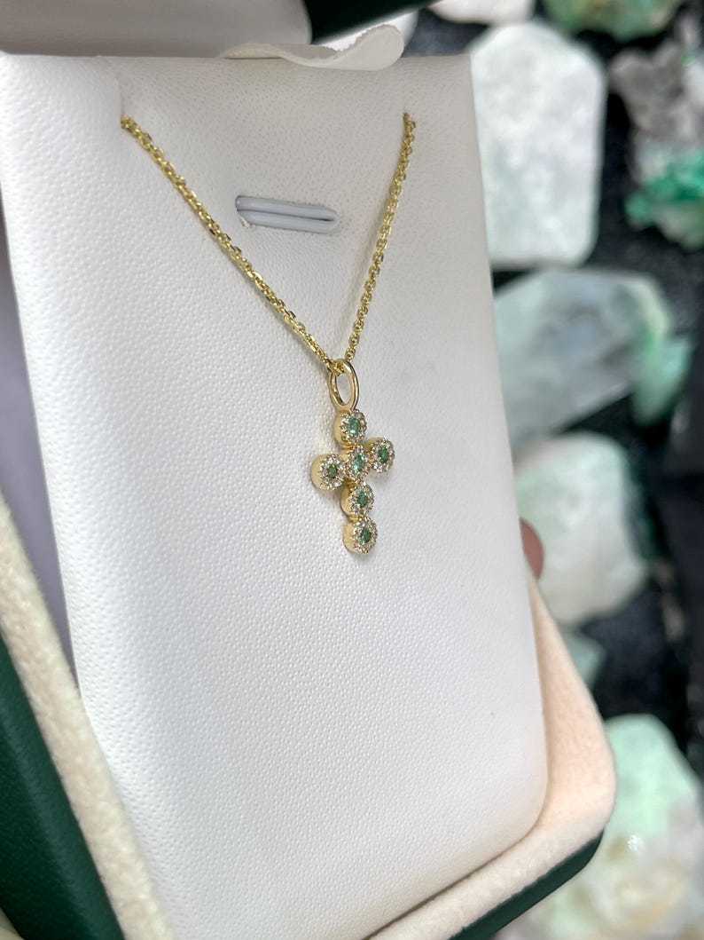 0.18tcw 14K Natural Emerald & Diamond Cross Pendant, Round Emerald Halo - JR Colombian Emeralds