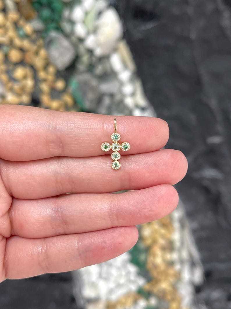 0.18tcw 14K Natural Emerald & Diamond Cross Pendant, Round Emerald Halo - JR Colombian Emeralds