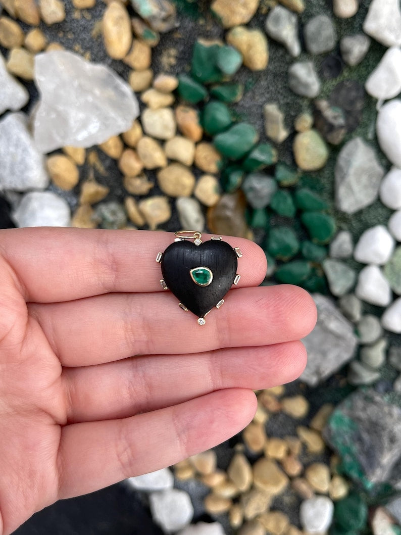 0.84tcw 14K Natural Pear Cut Emerald in Heart Shaped Ebony Wood Gold Stacking Pendant - JR Colombian Emeralds