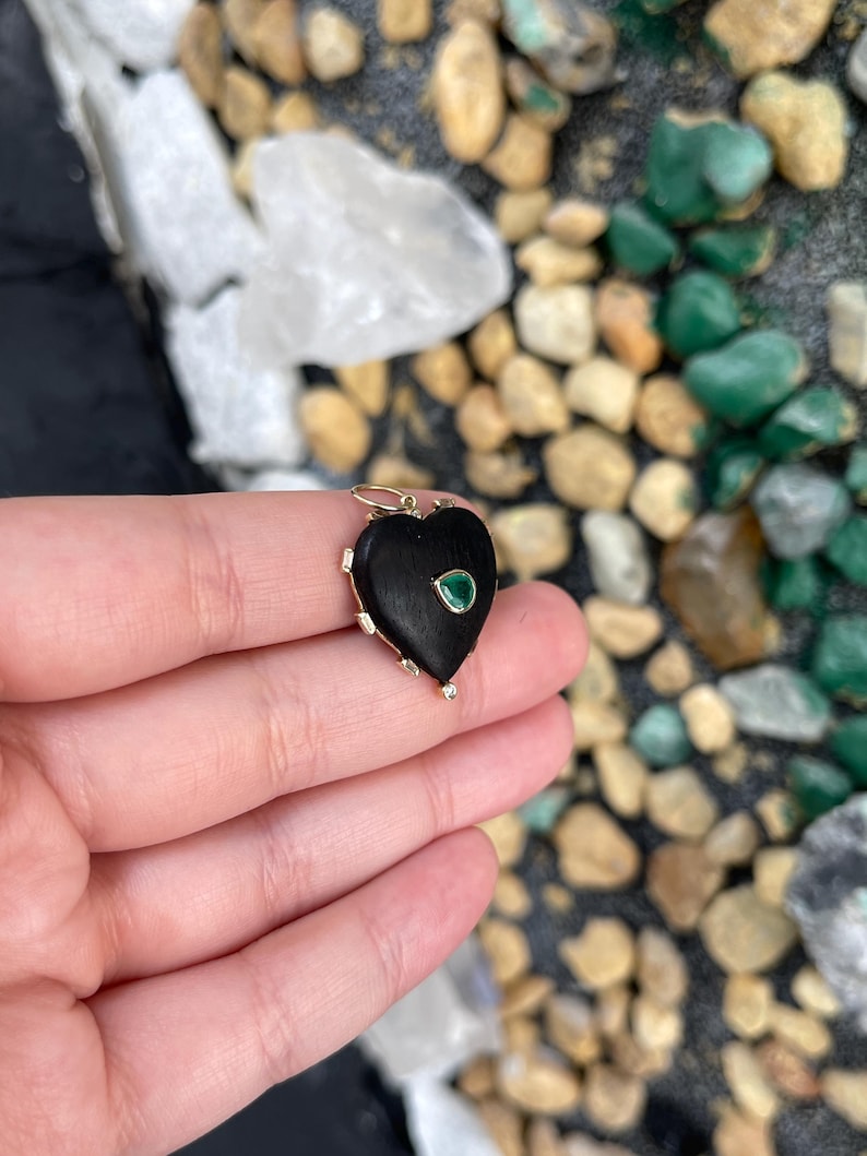0.84tcw 14K Natural Pear Cut Emerald in Heart Shaped Ebony Wood Gold Stacking Pendant - JR Colombian Emeralds