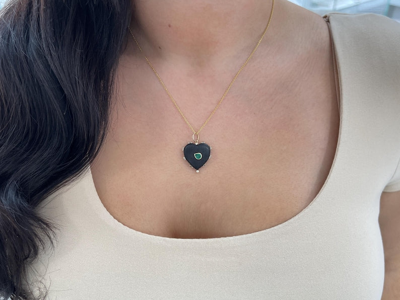 0.84tcw 14K Natural Pear Cut Emerald in Heart Shaped Ebony Wood Gold Stacking Pendant - JR Colombian Emeralds