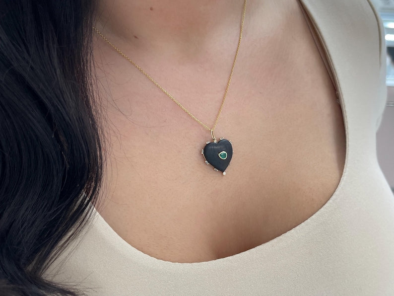 0.84tcw 14K Natural Pear Cut Emerald in Heart Shaped Ebony Wood Gold Stacking Pendant - JR Colombian Emeralds