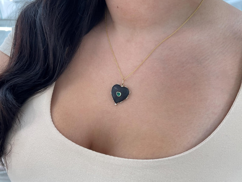0.84tcw 14K Natural Pear Cut Emerald in Heart Shaped Ebony Wood Gold Stacking Pendant - JR Colombian Emeralds