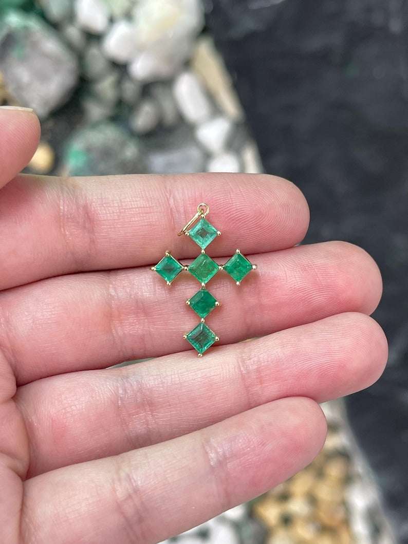 1.0tcw 14K Natural Princess Cut Emerald Medium Green Religious Cross Pendant - JR Colombian Emeralds