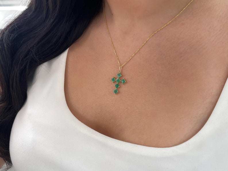 1.0tcw 14K Natural Princess Cut Emerald Medium Green Religious Cross Pendant - JR Colombian Emeralds