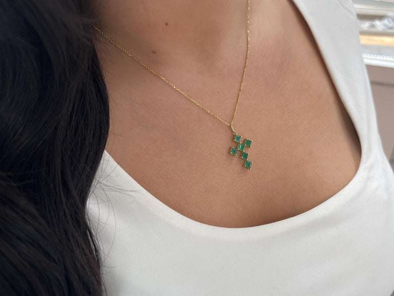 1.0tcw 14K Natural Princess Cut Emerald Medium Green Religious Cross Pendant - JR Colombian Emeralds