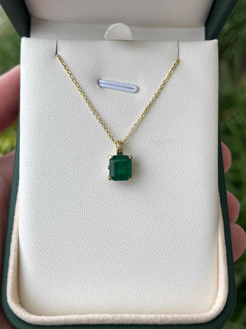 Prong-Set 2.0ct Dark Green Emerald-Cut Pendant on 14K Necklace