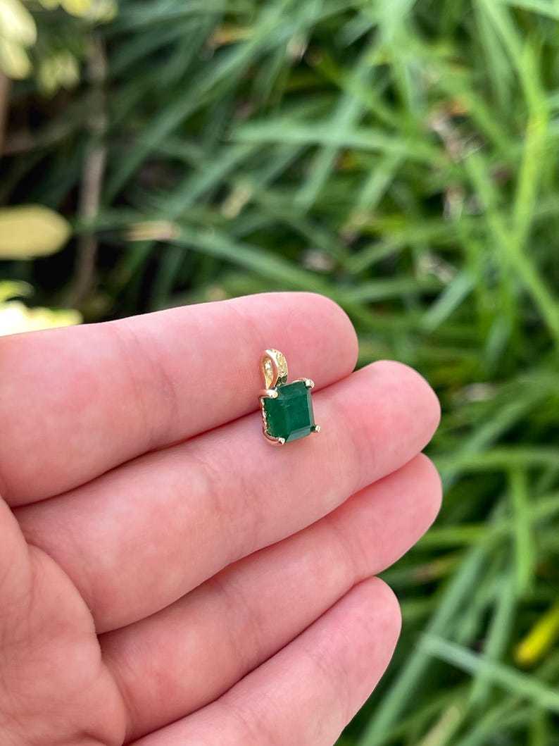 2.0ct 14K Deep Dark Green Emerald Cut Emerald Pendant Prong Set Necklace - JR Colombian Emeralds