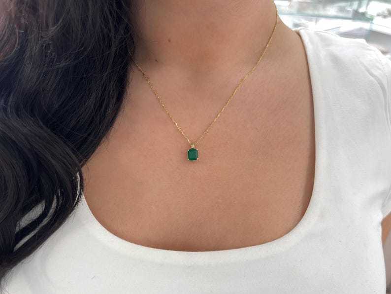 2.0ct 14K Deep Dark Green Emerald Cut Emerald Pendant Prong Set Necklace - JR Colombian Emeralds