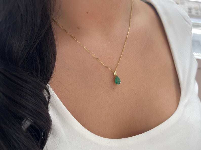 2.06ct 14K Deep Ravishing Pear Cut Emerald Solitaire 3 Prong Dark Green Pendant Necklace - JR Colombian Emeralds