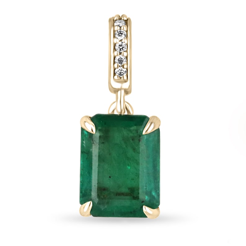 14K gold pendant necklace featuring a lush dark green emerald cut emerald with diamond accents by Colombian Emerald.