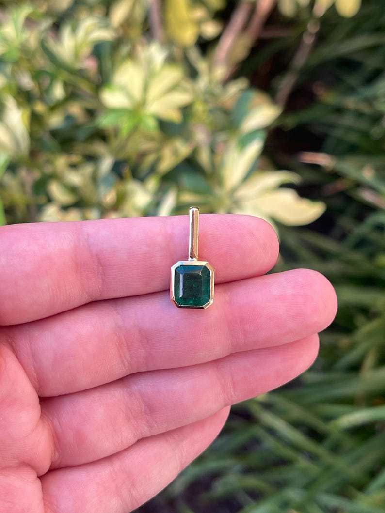 2.58ct 14K Rich Forest Green Emerald Bezel Solitaire Pendant Emerald Cut Emerald North-South Bezel Set - JR Colombian Emeralds
